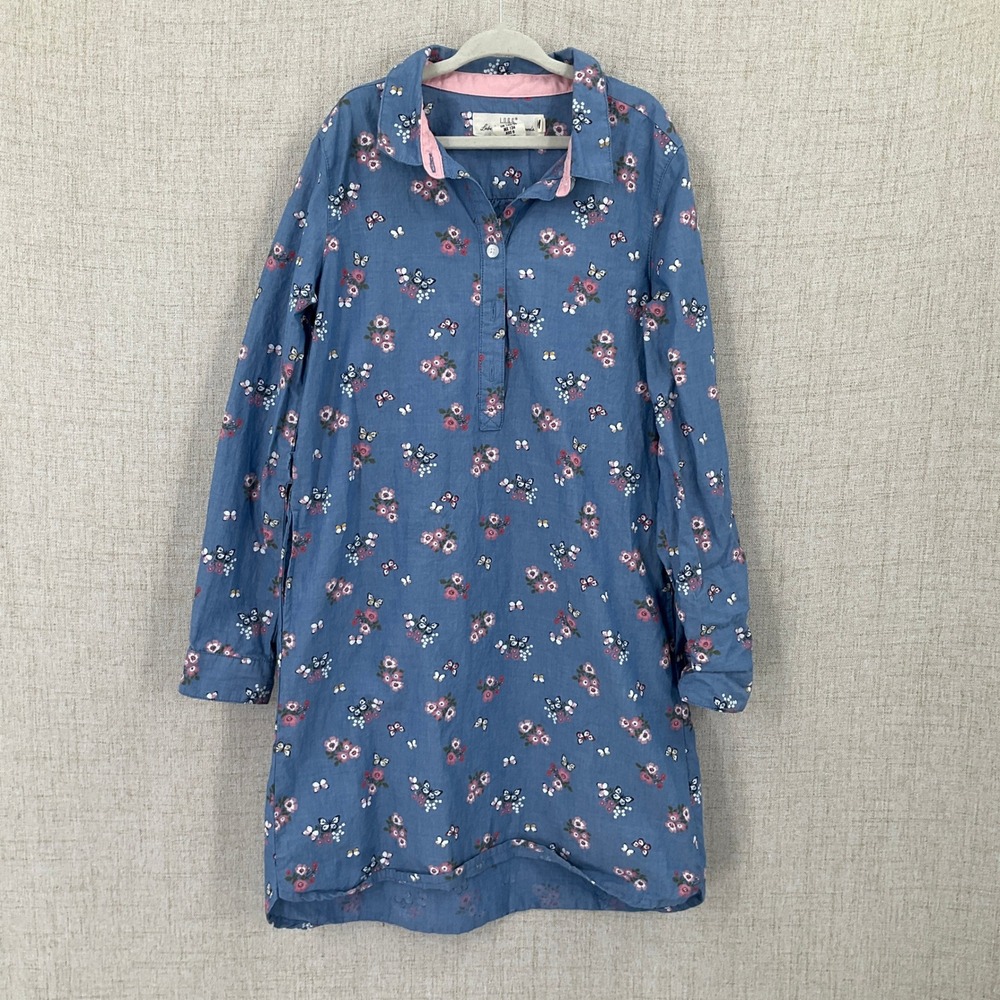 L.O.G.G. H&M Shirt Dress Girls 8-9Y Blue Cotton Floral Butterfly Roll Tab Sleeve
